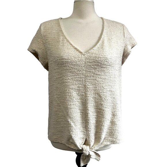 Current Air Beige Tie Front Textured Blouse Sz Medium Short Sleeves - Picture 1 of 8